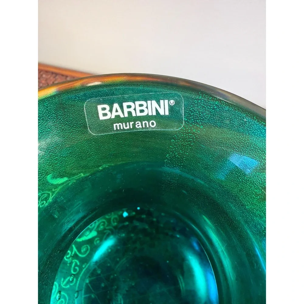 Signed Barbini Murano Art Glass Vase Emerald Green Gold Aventurine Bullicante 7